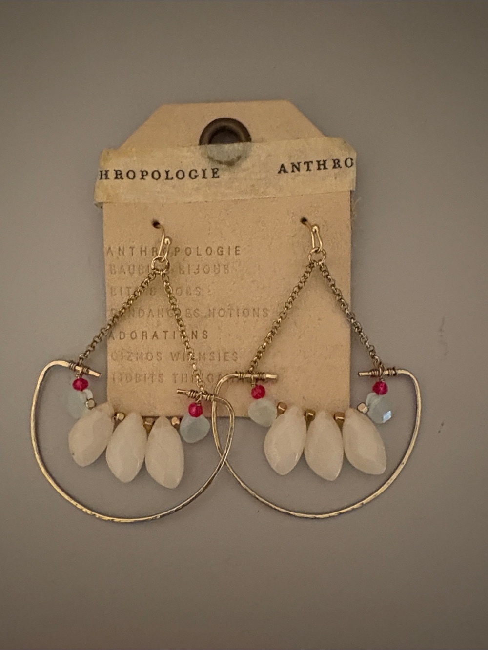 Anthropologie Gold Hoop Earrings with White Drops and Pink Accents